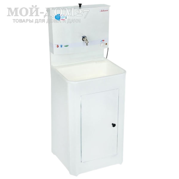 Умывальник с подогревом пласт. мойка | Мой-Дом27 Умывальник с подогревом пласт. мойка | Мой-Дом27 | Объем бака – 17 литров с нагревателем мощностью 1,25 кВт Время нагрева до 60 градусов – 30 минут<br>
 Материал умывальника – сталь толщиной 0,7 мм<br>
 Мойка – пластик белого цвета<br>
 Кран – металлический<br>
Поставляется в разобранном виде, в коробке 80*54*20 см с ручками